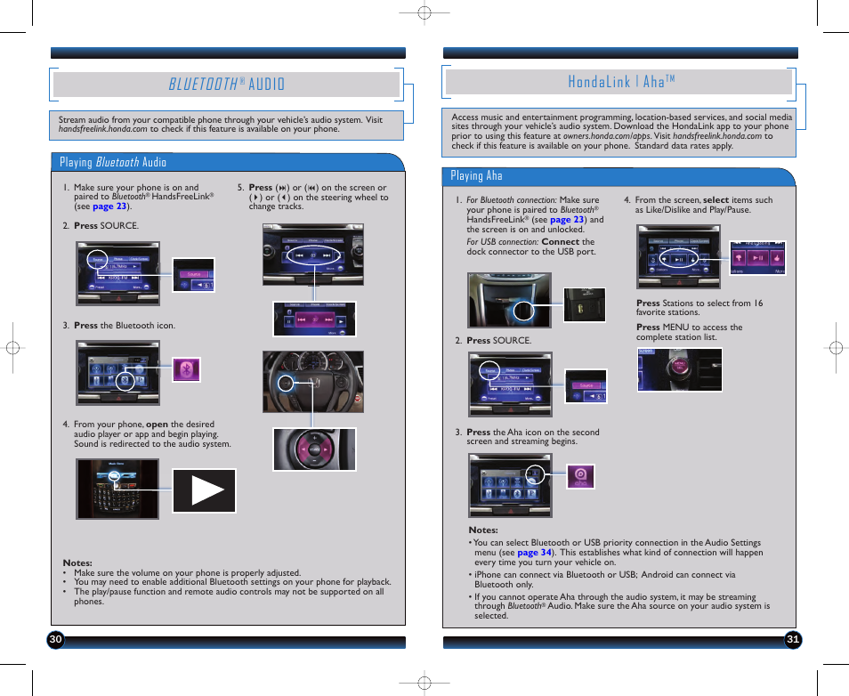 Hondalink, Bluetooth, Audio | Playing aha, Playing bluetooth audio | HONDA 2013 Accord Sedan (EX-L) - Technology Reference Guide User Manual | Page 17 / 20