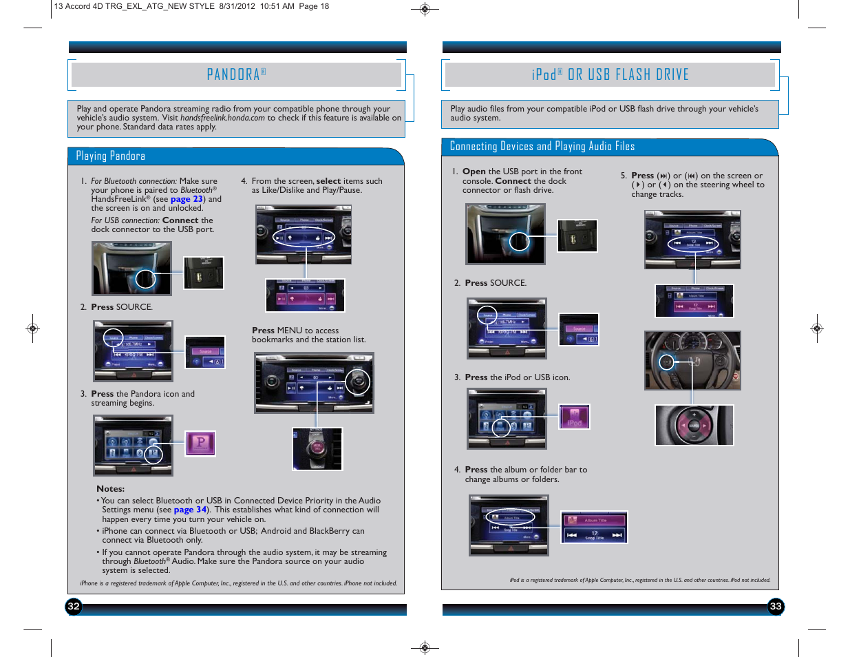 Pandora, Ipod, Or usb flash drive | HONDA 2013 Accord Sedan (EX-L) - Technology Reference Guide User Manual | Page 18 / 20