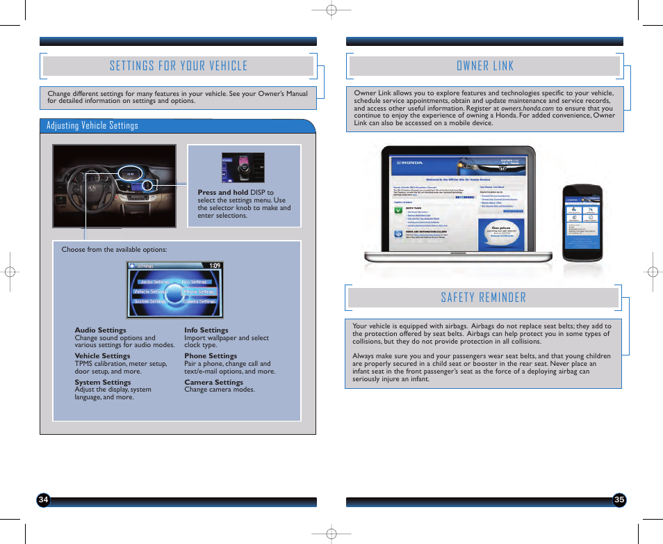 Owner link, Safety reminder, Settings for your vehicle | HONDA 2013 Accord Sedan (EX-L) - Technology Reference Guide User Manual | Page 19 / 20