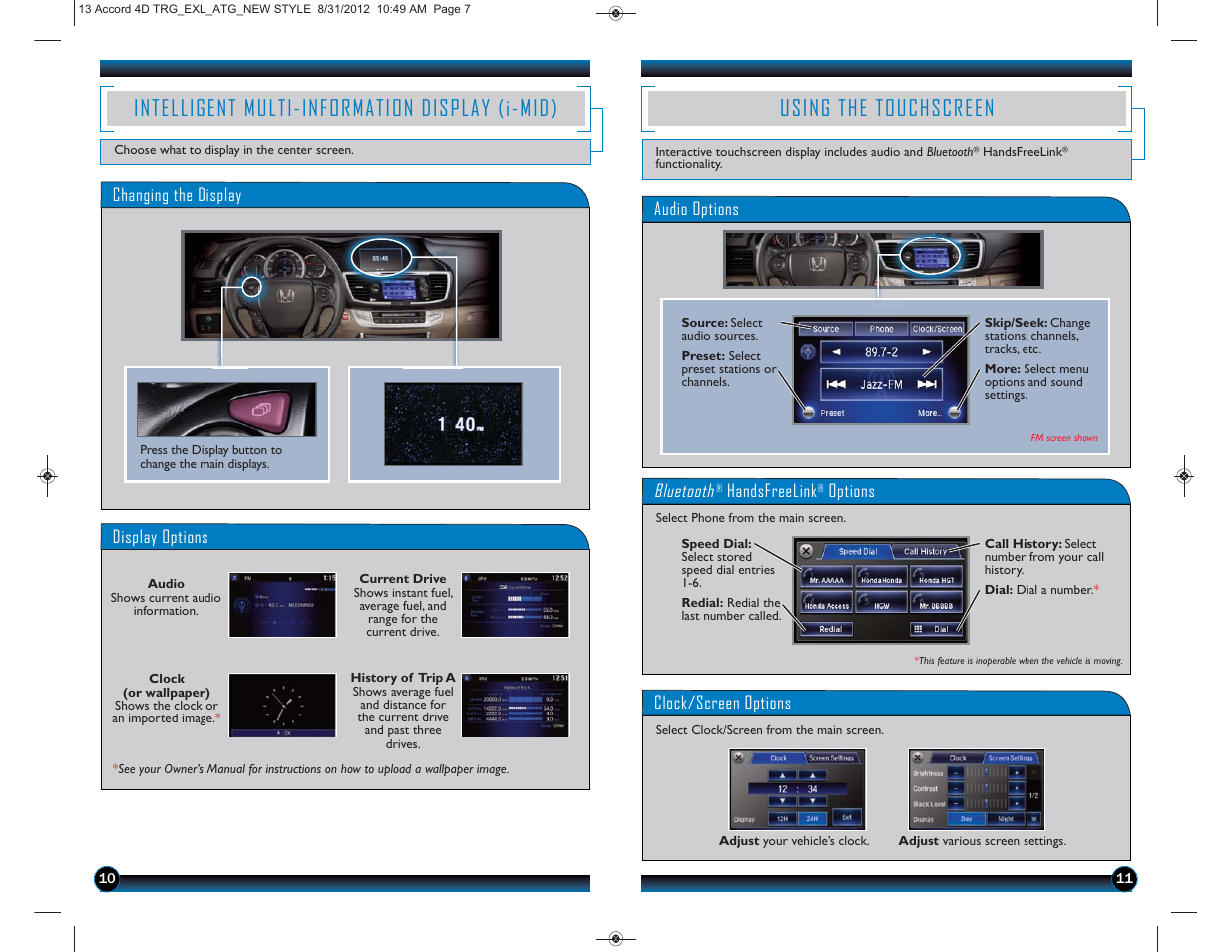 P. 11, Intelligent multi-information display (i-mid), Using the touchscreen | HONDA 2013 Accord Sedan (EX-L) - Technology Reference Guide User Manual | Page 7 / 20