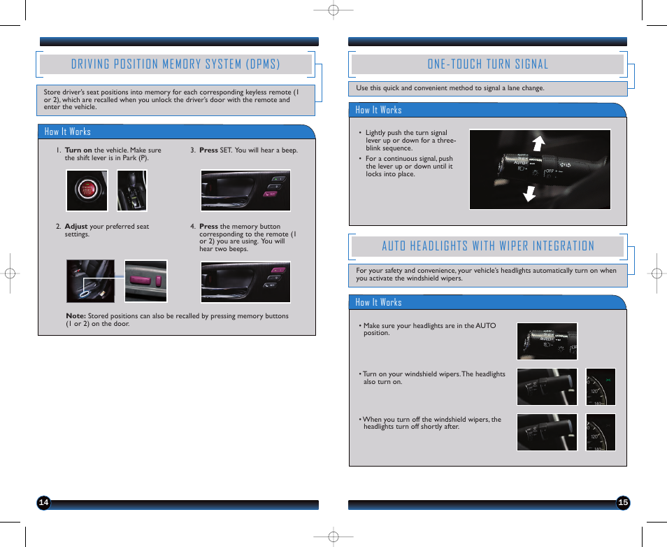One-touch turn signal, Auto headlights with wiper integration | HONDA 2013 Accord Sedan (EX-L) - Technology Reference Guide User Manual | Page 9 / 20