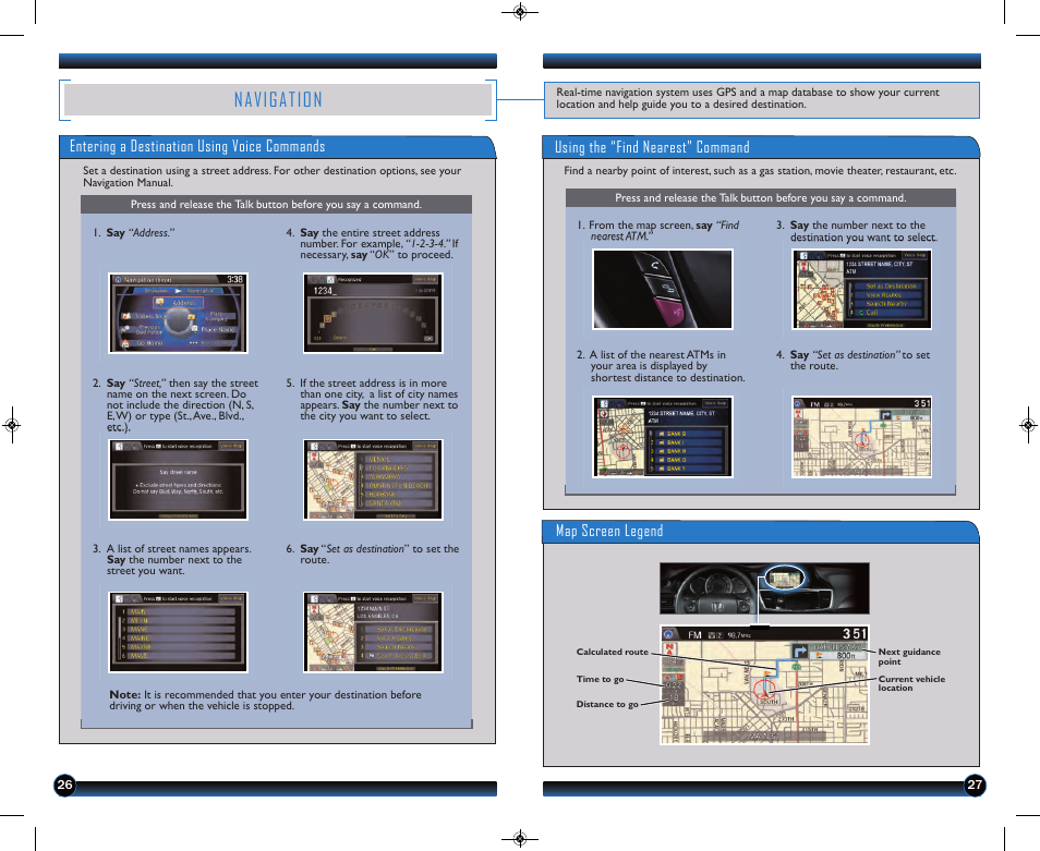P.26, Navigation, Entering a destination using voice commands | Using the “find nearest” command map screen legend | HONDA 2013 Accord Coupe (EX-L with Navigation) - Technology Reference Guide User Manual | Page 15 / 24