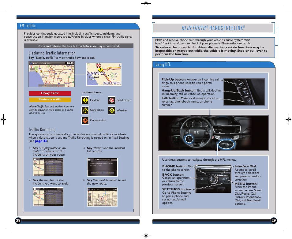 P.29, Bluetooth, Handsfreelink | Fm traffic, Displaying traffic information, Traffic rerouting, Using hfl | HONDA 2013 Accord Coupe (EX-L with Navigation) - Technology Reference Guide User Manual | Page 16 / 24