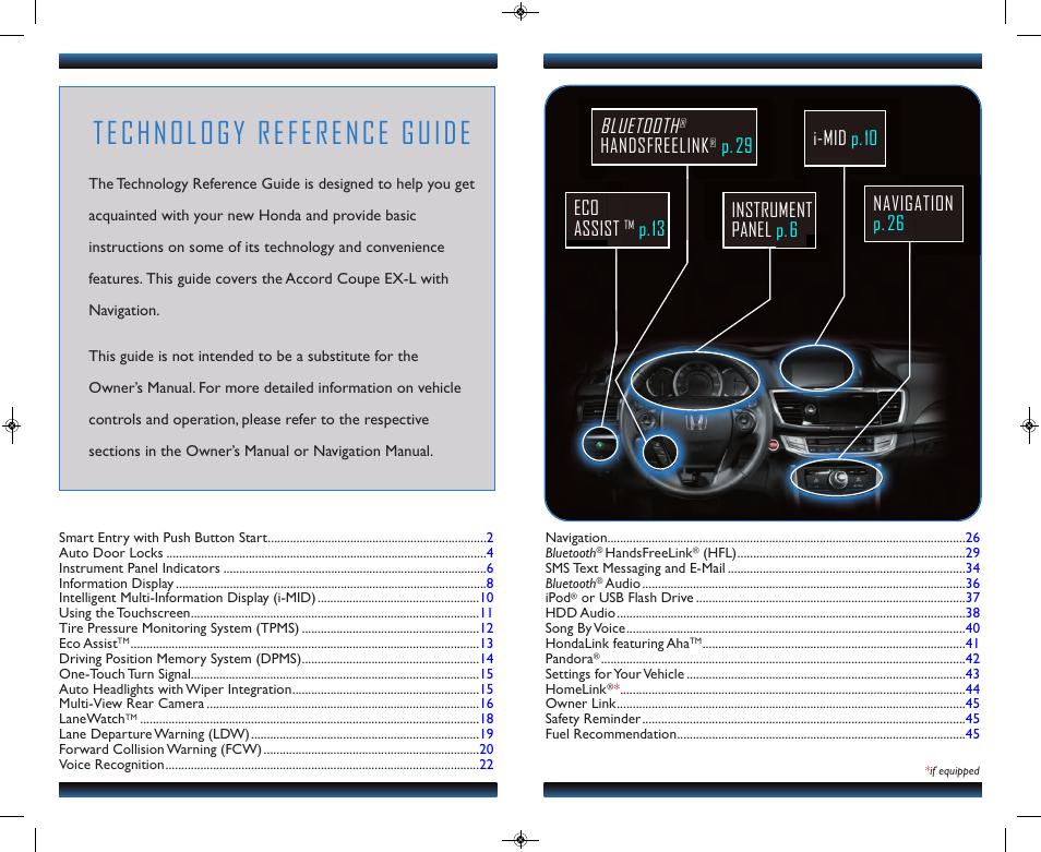 Technology reference guide, Navigation p.26 bluetooth, Handsfreelink | P.29 eco assist | HONDA 2013 Accord Coupe (EX-L with Navigation) - Technology Reference Guide User Manual | Page 2 / 24