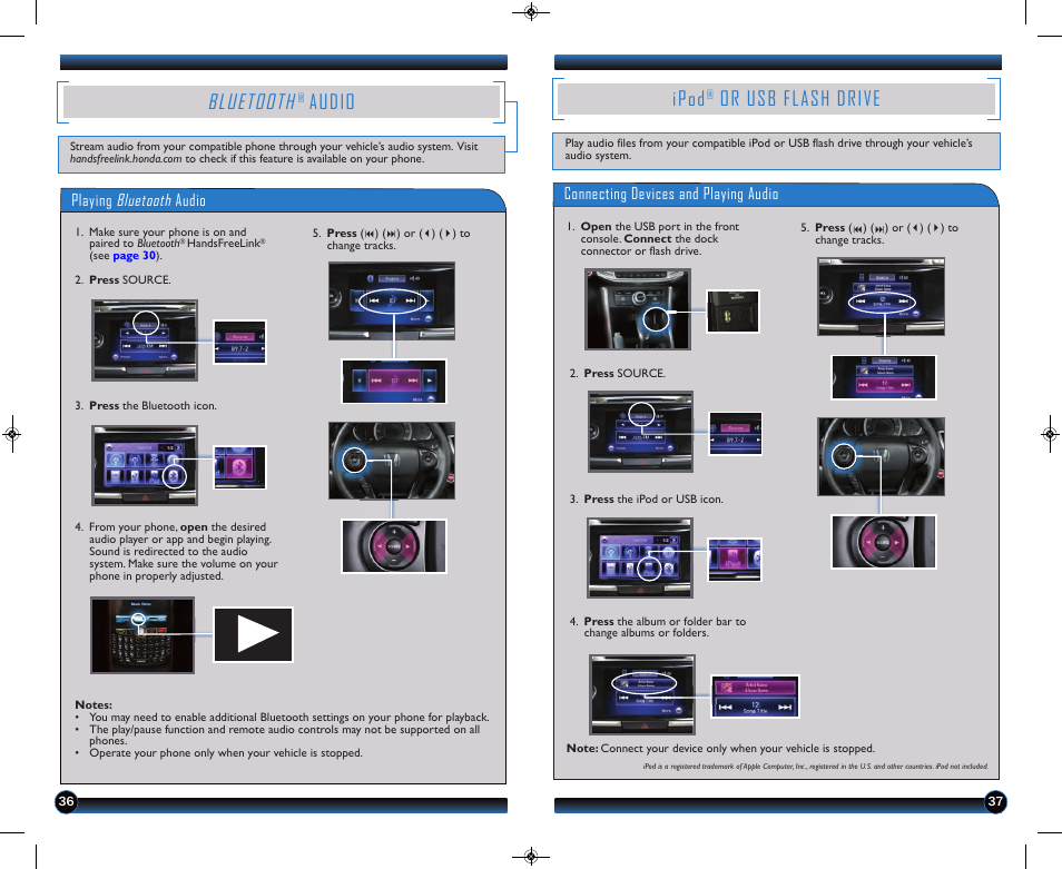 Bluetooth, Audio, Ipod | Or usb flash drive | HONDA 2013 Accord Coupe (EX-L with Navigation) - Technology Reference Guide User Manual | Page 20 / 24