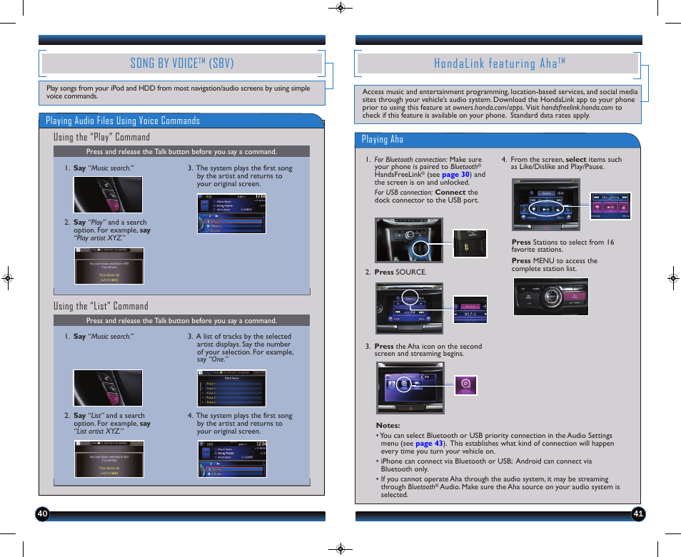 Song by voice, Sbv), Hondalink featuring aha | Playing audio files using voice commands, Using the “play” command, Using the “list” command, Playing aha | HONDA 2013 Accord Coupe (EX-L with Navigation) - Technology Reference Guide User Manual | Page 22 / 24
