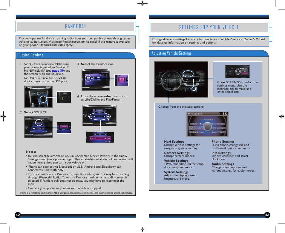 U (see, Settings for your vehicle, Pandora | Adjusting vehicle settings, Playing pandora | HONDA 2013 Accord Coupe (EX-L with Navigation) - Technology Reference Guide User Manual | Page 23 / 24