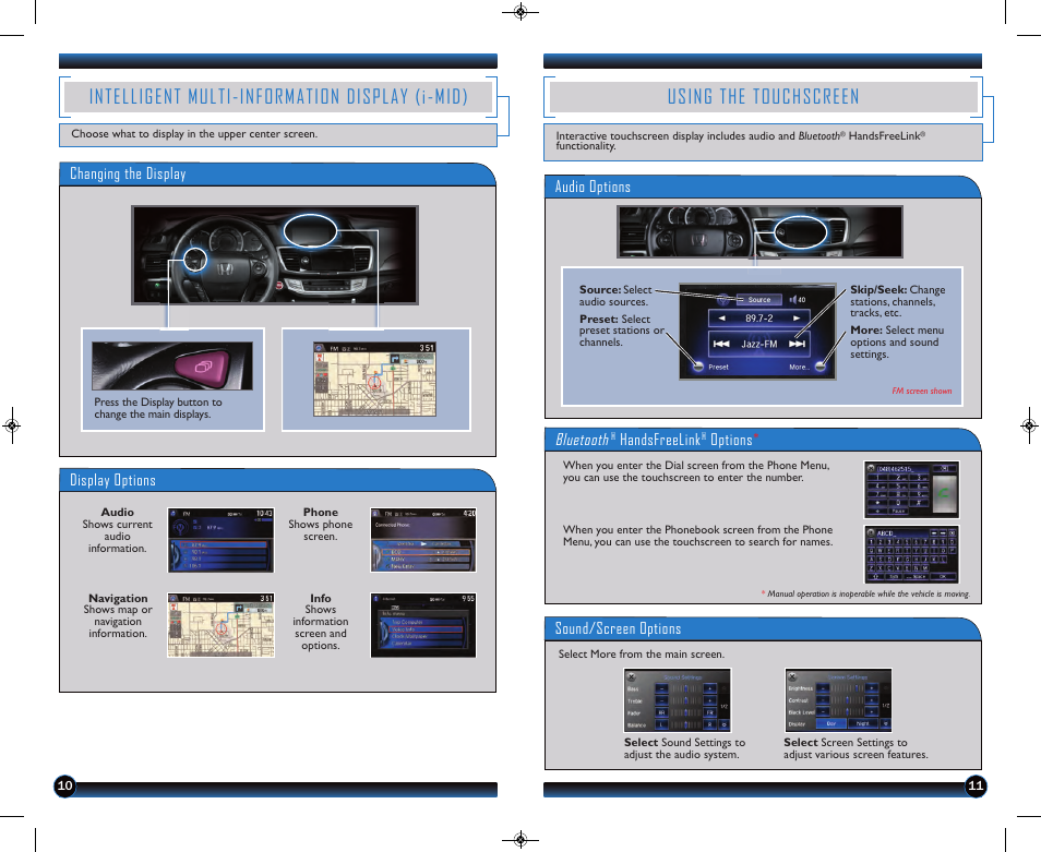 P.10, Intelligent multi-information display (i-mid), Using the touchscreen | HONDA 2013 Accord Coupe (EX-L with Navigation) - Technology Reference Guide User Manual | Page 7 / 24