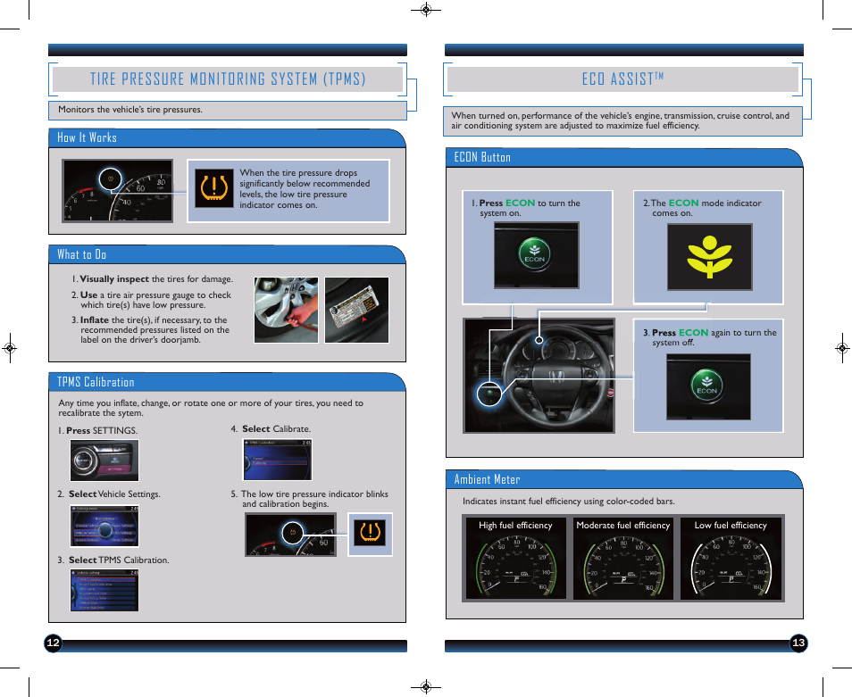 P.13, Eco assist, Tire pressure monitoring system (tpms) | HONDA 2013 Accord Coupe (EX-L with Navigation) - Technology Reference Guide User Manual | Page 8 / 24