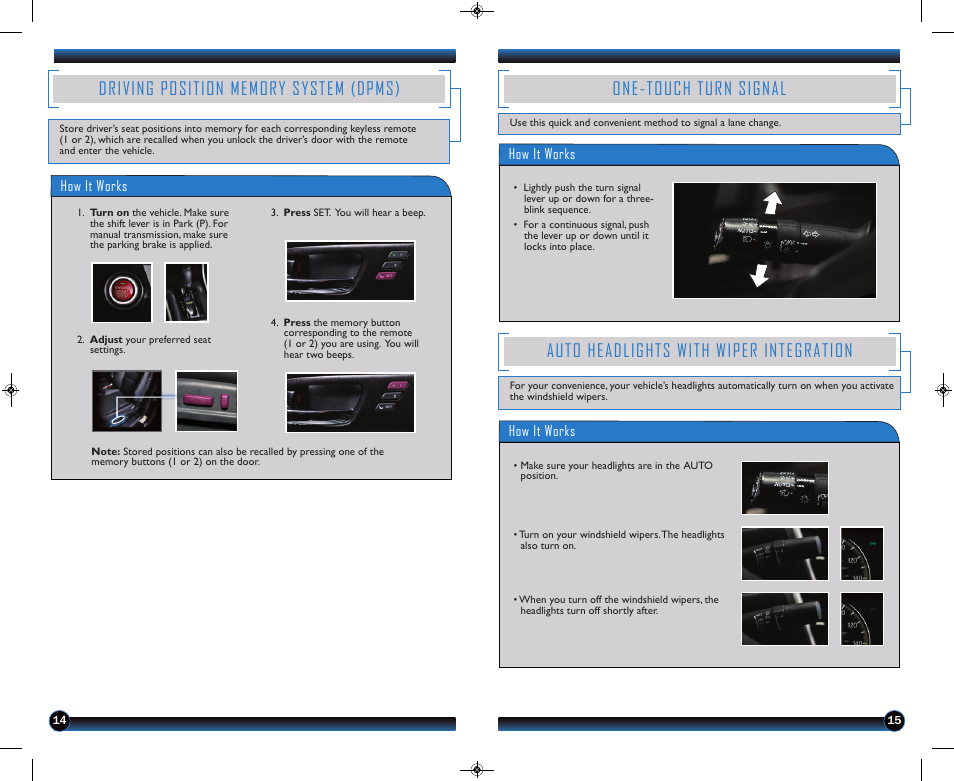 One-touch turn signal, Auto headlights with wiper integration | HONDA 2013 Accord Coupe (EX-L with Navigation) - Technology Reference Guide User Manual | Page 9 / 24