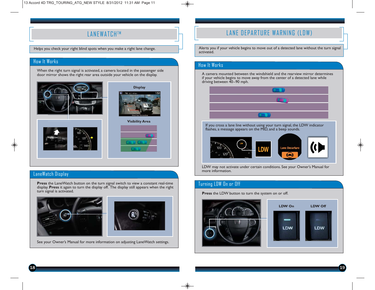 Lane departure warning (ldw), Lanewatch | HONDA 2013 Accord Sedan (Touring) - Technology Reference Guide User Manual | Page 11 / 26