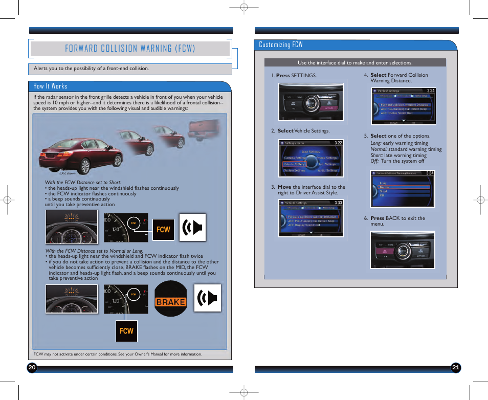 Forward collision warning (fcw), Customizing fcw, How it works | HONDA 2013 Accord Sedan (Touring) - Technology Reference Guide User Manual | Page 12 / 26