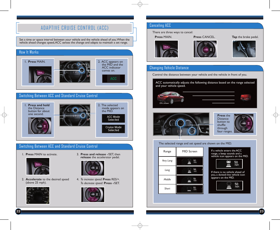 Adaptive cruise control (acc), How it works, Switching between acc and standard cruise control | Canceling acc, Changing vehicle distance | HONDA 2013 Accord Sedan (Touring) - Technology Reference Guide User Manual | Page 13 / 26