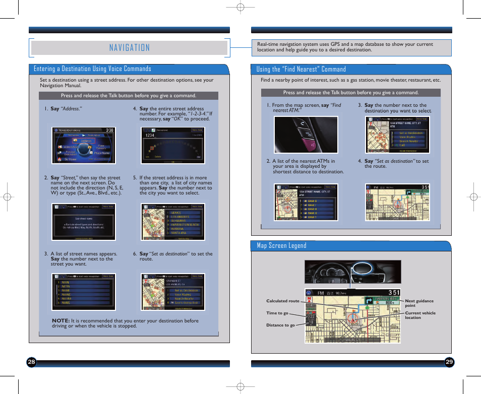 P. 28, Navigation, Entering a destination using voice commands | Using the “find nearest” command map screen legend | HONDA 2013 Accord Sedan (Touring) - Technology Reference Guide User Manual | Page 16 / 26