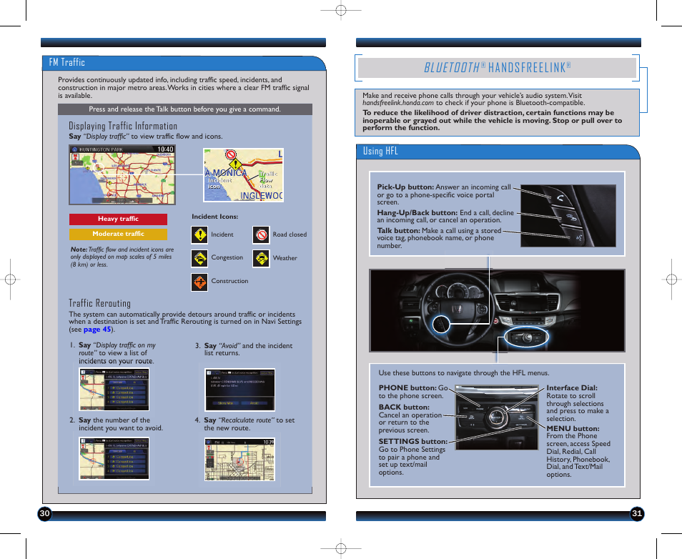 P. 31, Bluetooth, Handsfreelink | Using hfl, Fm traffic, Displaying traffic information, Traffic rerouting | HONDA 2013 Accord Sedan (Touring) - Technology Reference Guide User Manual | Page 17 / 26