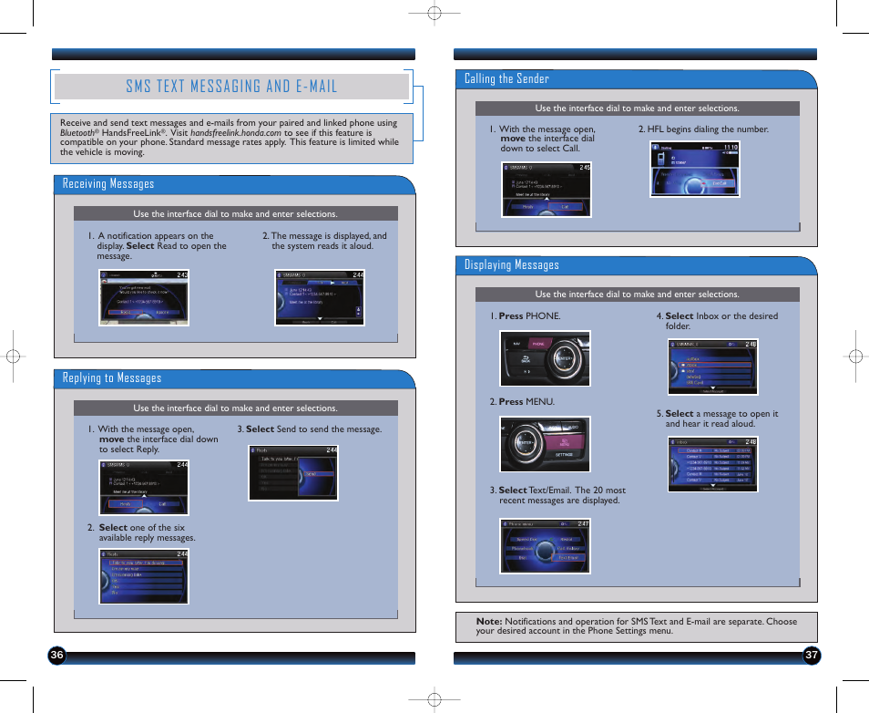 Sms text messaging and e-mail, Receiving messages, Replying to messages | Calling the sender, Displaying messages | HONDA 2013 Accord Sedan (Touring) - Technology Reference Guide User Manual | Page 20 / 26