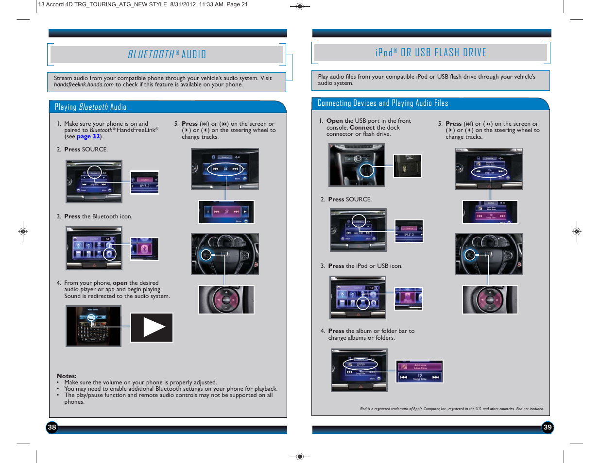 Bluetooth, Audio, Ipod | Or usb flash drive | HONDA 2013 Accord Sedan (Touring) - Technology Reference Guide User Manual | Page 21 / 26