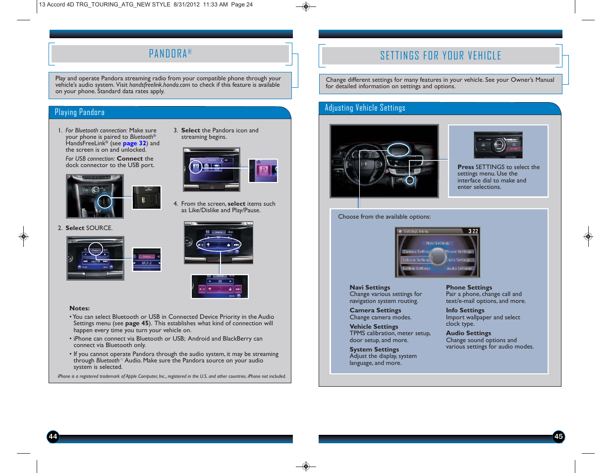 Settings for your vehicle, Pandora | HONDA 2013 Accord Sedan (Touring) - Technology Reference Guide User Manual | Page 24 / 26