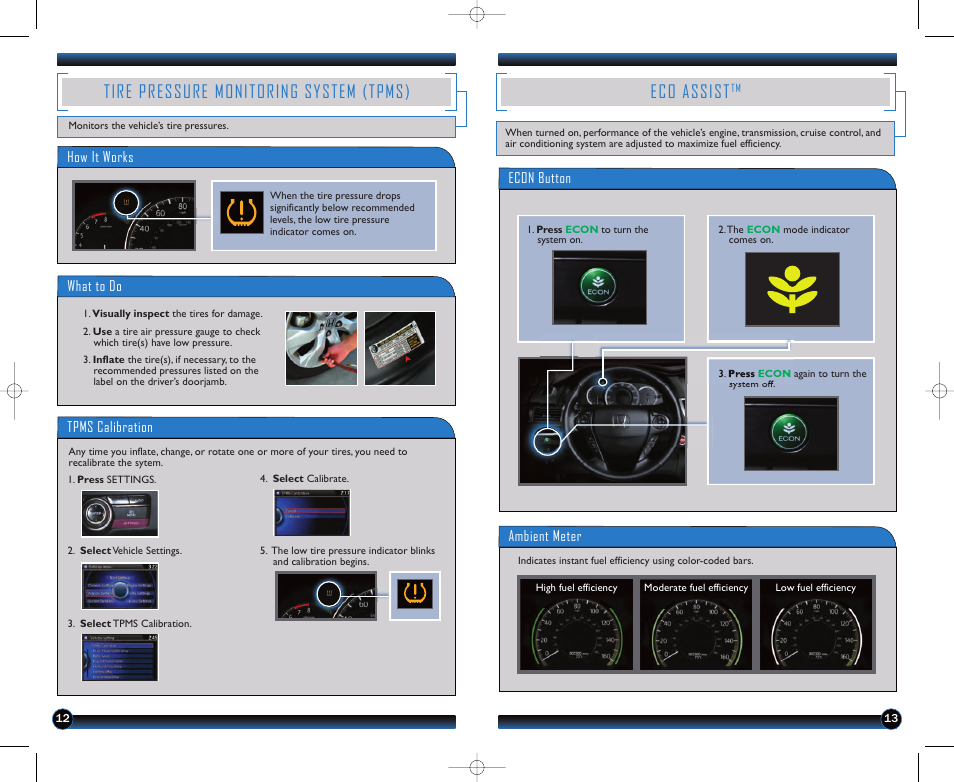 P. 13, Eco assist, Tire pressure monitoring system (tpms) | HONDA 2013 Accord Sedan (Touring) - Technology Reference Guide User Manual | Page 8 / 26