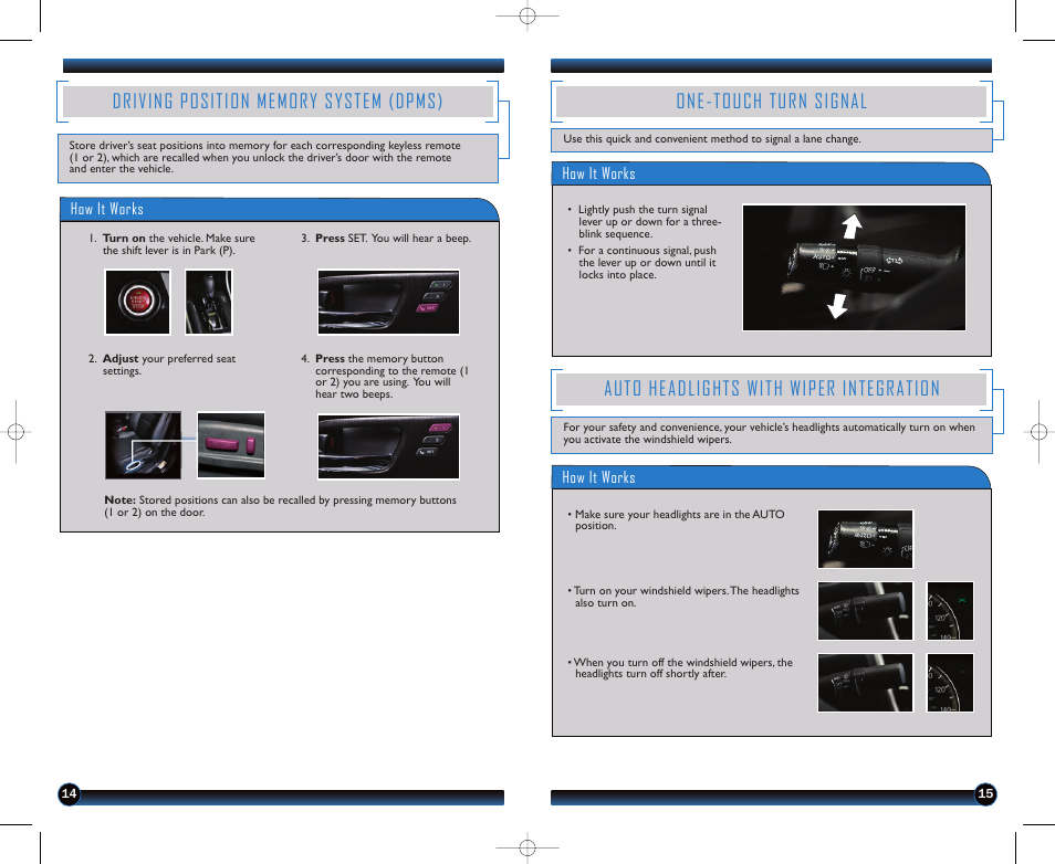 One-touch turn signal, Auto headlights with wiper integration | HONDA 2013 Accord Sedan (Touring) - Technology Reference Guide User Manual | Page 9 / 26