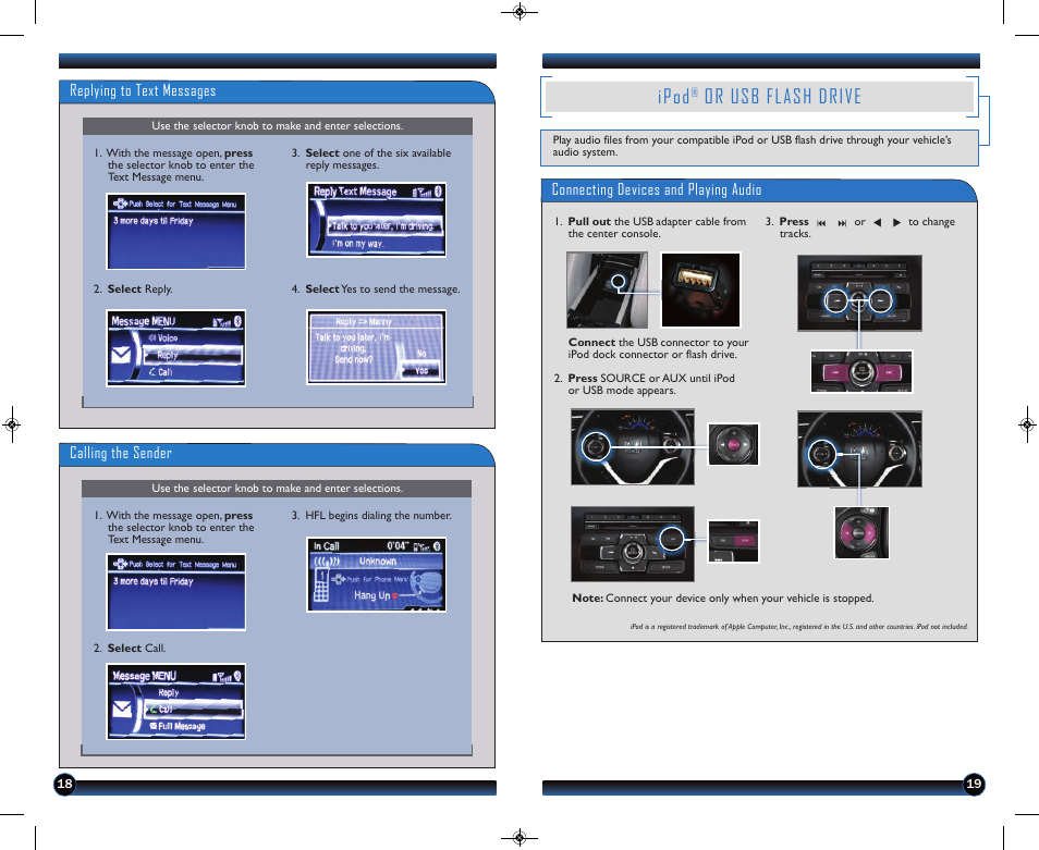 P.19, Ipod, Or usb flash drive | Replying to text messages calling the sender, Receiving text messages displaying messages, Connecting devices and playing audio | HONDA 1983 Civic Sedan - Technology Reference Guide User Manual | Page 11 / 13