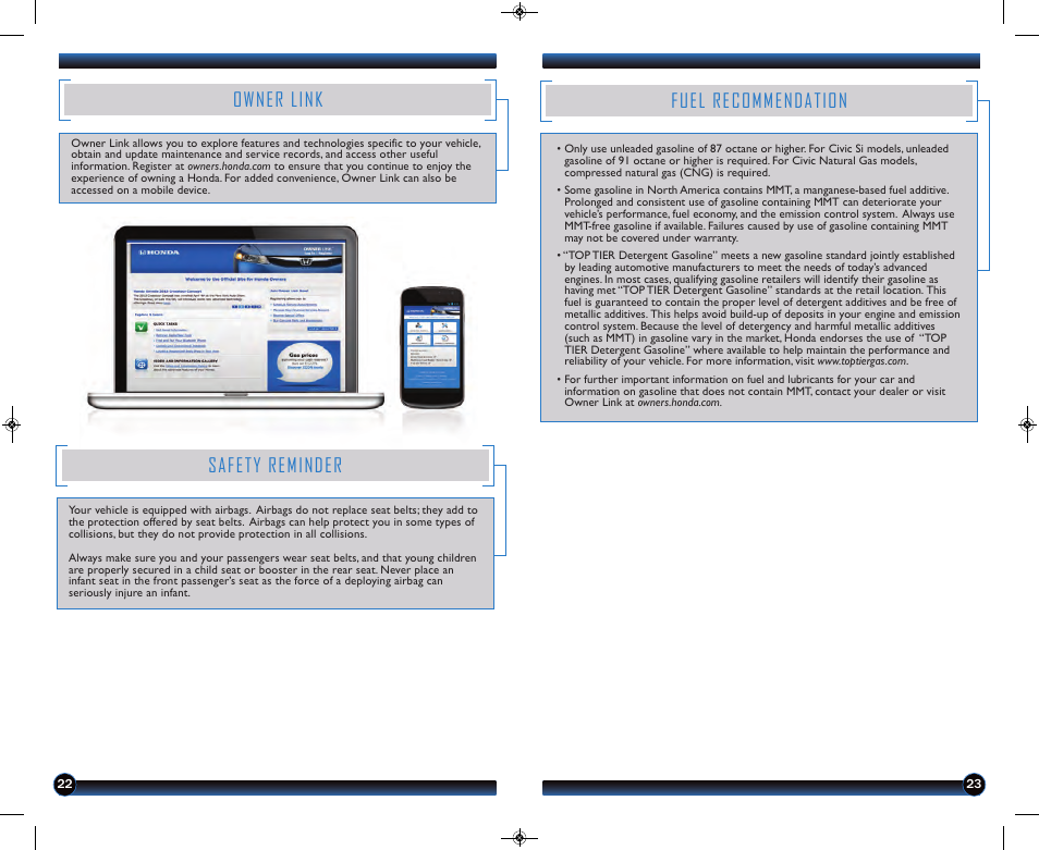 Fuel recommendation, Owner link, Safety reminder | HONDA 1983 Civic Sedan - Technology Reference Guide User Manual | Page 13 / 13