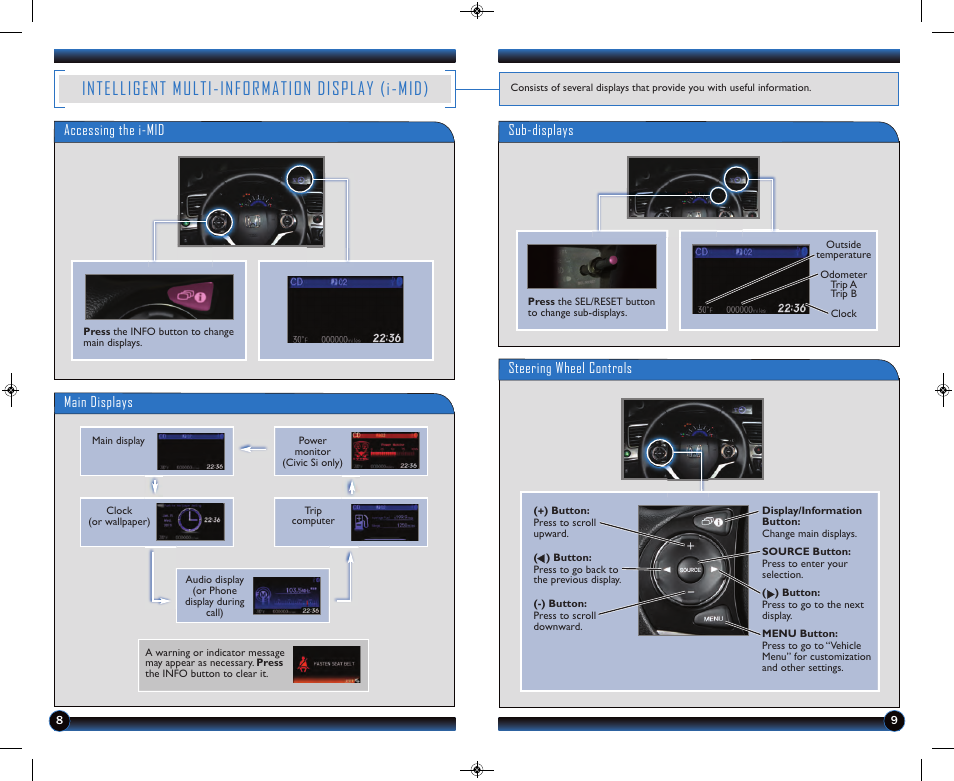 Intelligent multi-information display (i-mid), Main displays, Steering wheel controls | Sub-displays, Accessing the i-mid | HONDA 1983 Civic Sedan - Technology Reference Guide User Manual | Page 6 / 13
