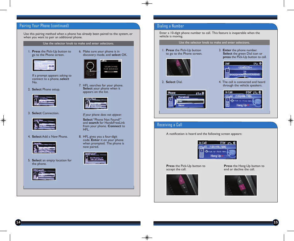 Pairing your phone (continued), Dialing a number receiving a call | HONDA 1983 Civic Sedan - Technology Reference Guide User Manual | Page 9 / 13