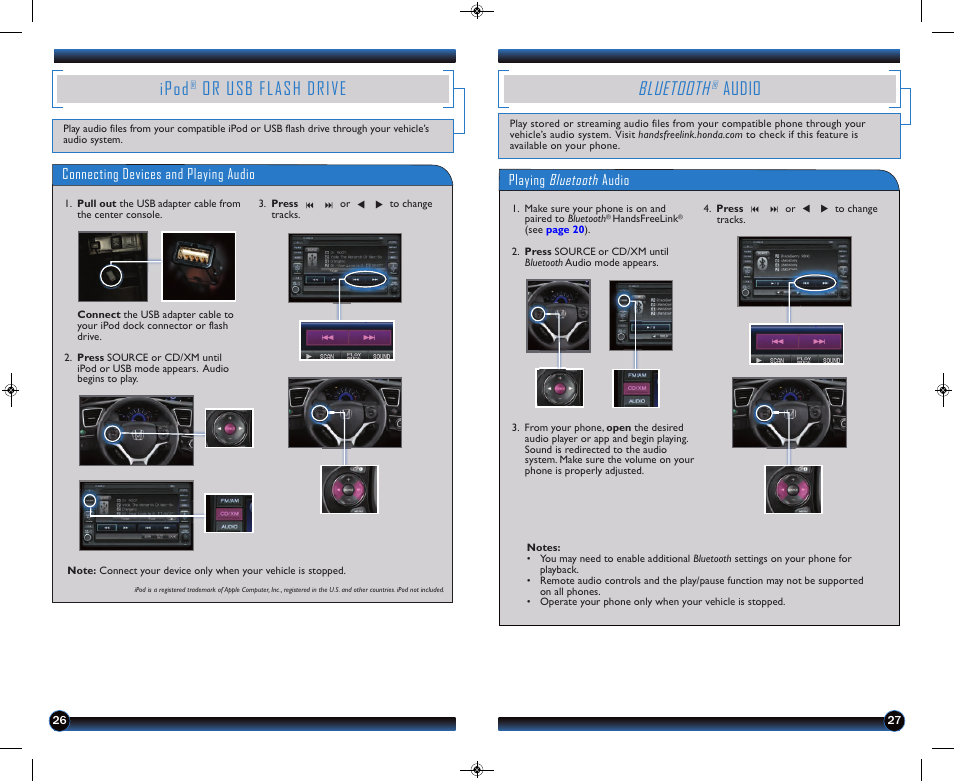 Ipod, Or usb flash drive, Bluetooth | Audio, Connecting devices and playing audio, Playing bluetooth audio | HONDA 1983 Civic Sedan (with Navigation) - Technology Reference Guide User Manual | Page 15 / 17