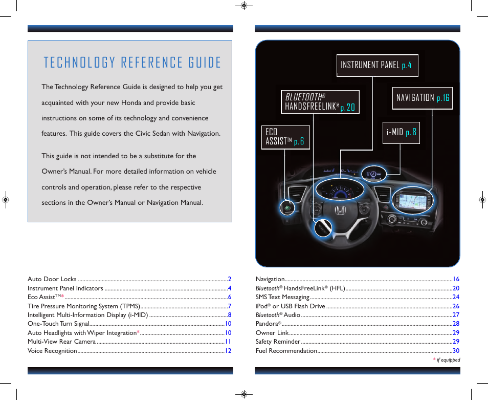 Technology reference guide, Eco assist, P.6 bluetooth | Handsfreelink, P.20 | HONDA 1983 Civic Sedan (with Navigation) - Technology Reference Guide User Manual | Page 2 / 17