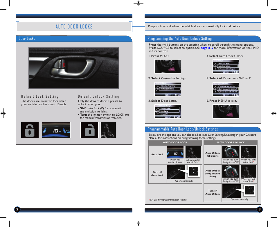 Auto door locks, Programmable auto door lock/unlock settings, Programming the auto door unlock setting | Door locks | HONDA 1983 Civic Sedan (with Navigation) - Technology Reference Guide User Manual | Page 3 / 17