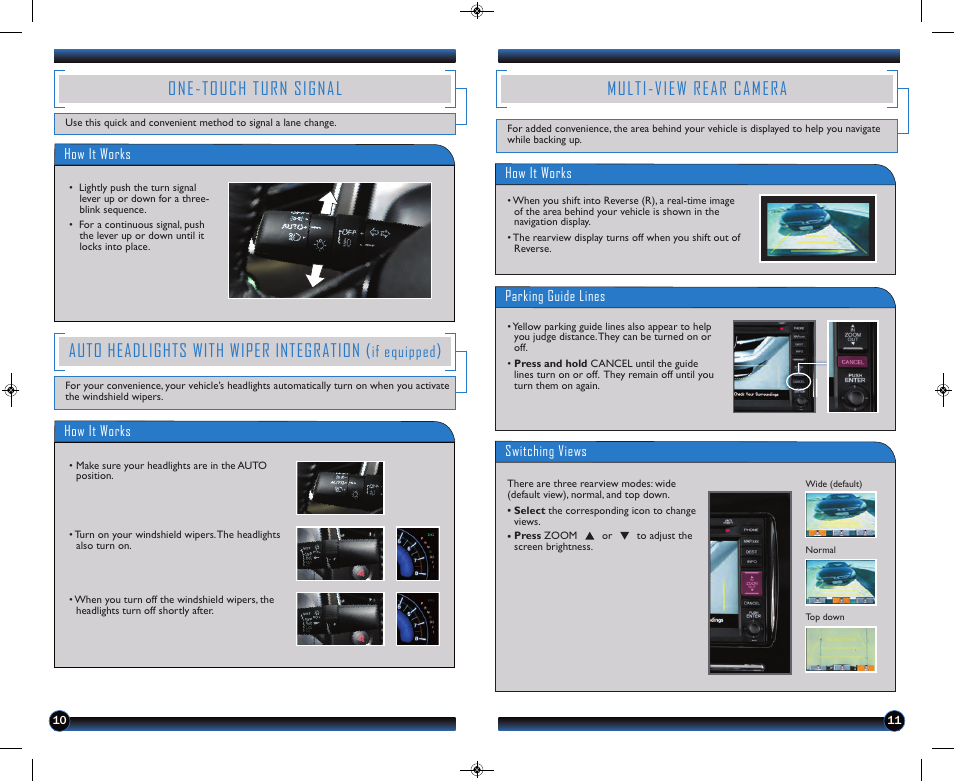 One-touch turn signal, Auto headlights with wiper integration, Multi-view rear camera | If equipped | HONDA 1983 Civic Sedan (with Navigation) - Technology Reference Guide User Manual | Page 7 / 17