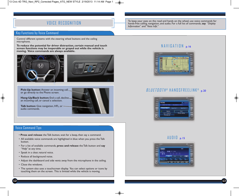 Voice recognition, Bluetooth, Audio | Handsfreelink | HONDA 1983 Civic Sedan (with Navigation) - Technology Reference Guide User Manual | Page 8 / 17