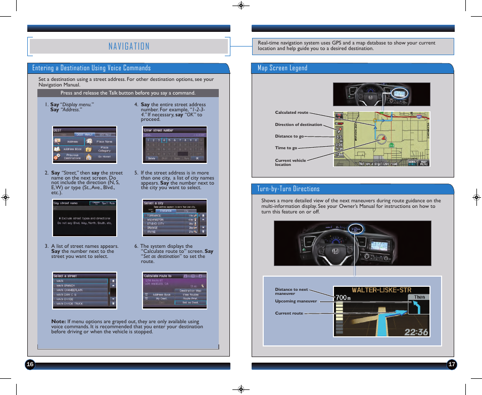 P.16, Navigation, Entering a destination using voice commands | Turn-by-turn directions, Map screen legend | HONDA 1983 Civic Coupe (with Navigation) - Technology Reference Guide User Manual | Page 10 / 17