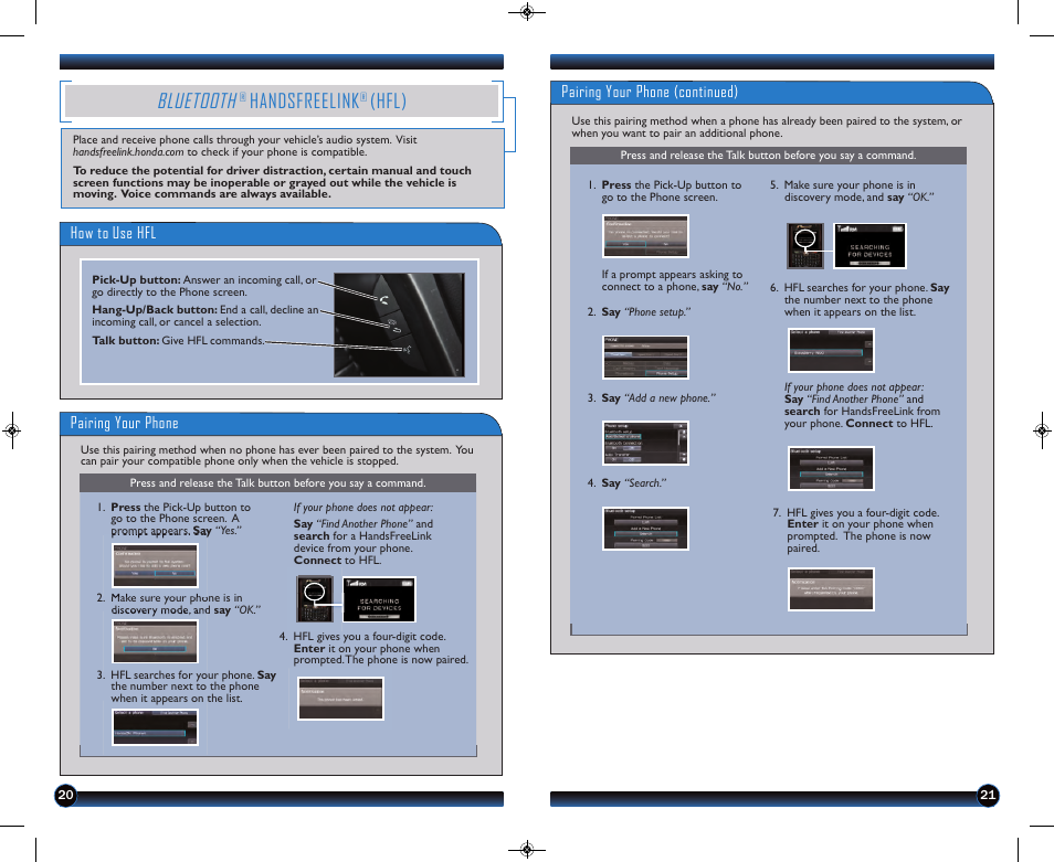 P.20, P. 20, Bluetooth | Handsfreelink, Hfl) | HONDA 1983 Civic Coupe (with Navigation) - Technology Reference Guide User Manual | Page 12 / 17