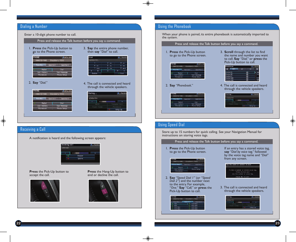 Using the phonebook, Using speed dial, Dialing a number receiving a call | HONDA 1983 Civic Coupe (with Navigation) - Technology Reference Guide User Manual | Page 13 / 17