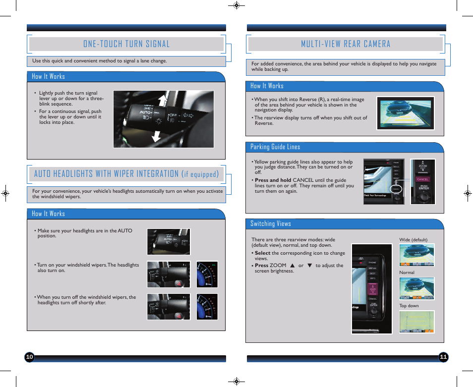 One-touch turn signal, Auto headlights with wiper integration, Multi-view rear camera | If equipped | HONDA 1983 Civic Coupe (with Navigation) - Technology Reference Guide User Manual | Page 7 / 17