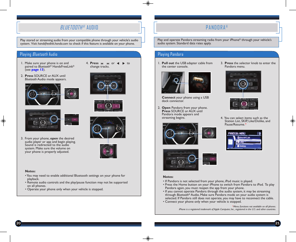 Bluetooth, Audio, Pandora | Playing bluetooth audio, Playing pandora | HONDA 1983 Civic Coupe - Technology Reference Guide User Manual | Page 12 / 13