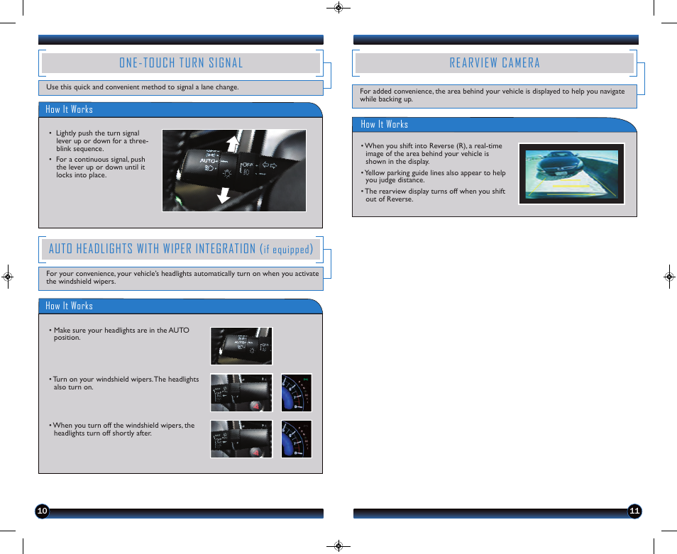 One-touch turn signal, Auto headlights with wiper integration, Rearview camera | If equipped | HONDA 1983 Civic Coupe - Technology Reference Guide User Manual | Page 7 / 13