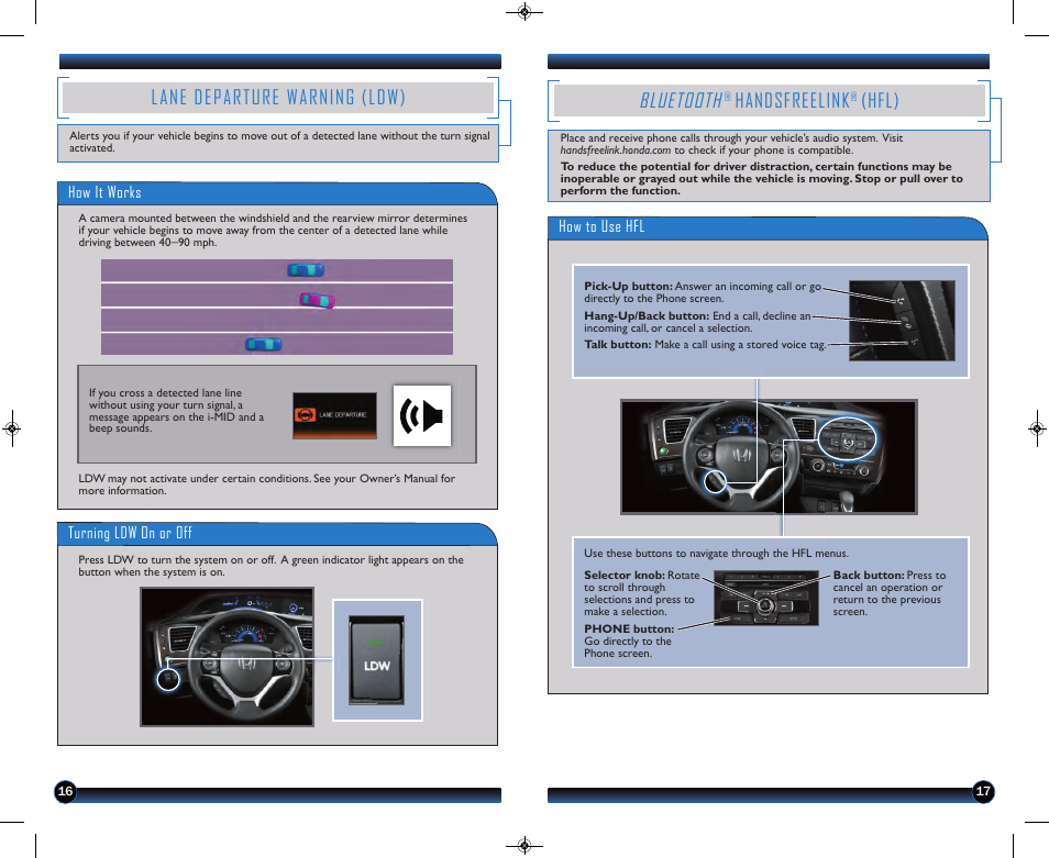 P.17, Lane departure warning (ldw), Bluetooth | Handsfreelink, Hfl) | HONDA 2013 Civic Hybrid - Technology Reference Guide User Manual | Page 10 / 16