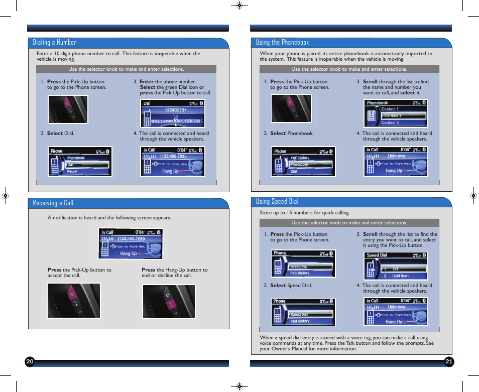 Dialing a number receiving a call, Using the phonebook, Using speed dial | HONDA 2013 Civic Hybrid - Technology Reference Guide User Manual | Page 12 / 16