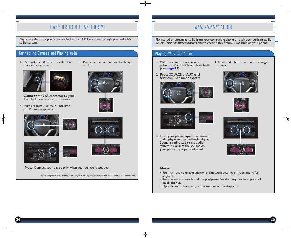 P.24, Ipod, Or usb flash drive | Bluetooth, Audio | HONDA 2013 Civic Hybrid - Technology Reference Guide User Manual | Page 14 / 16