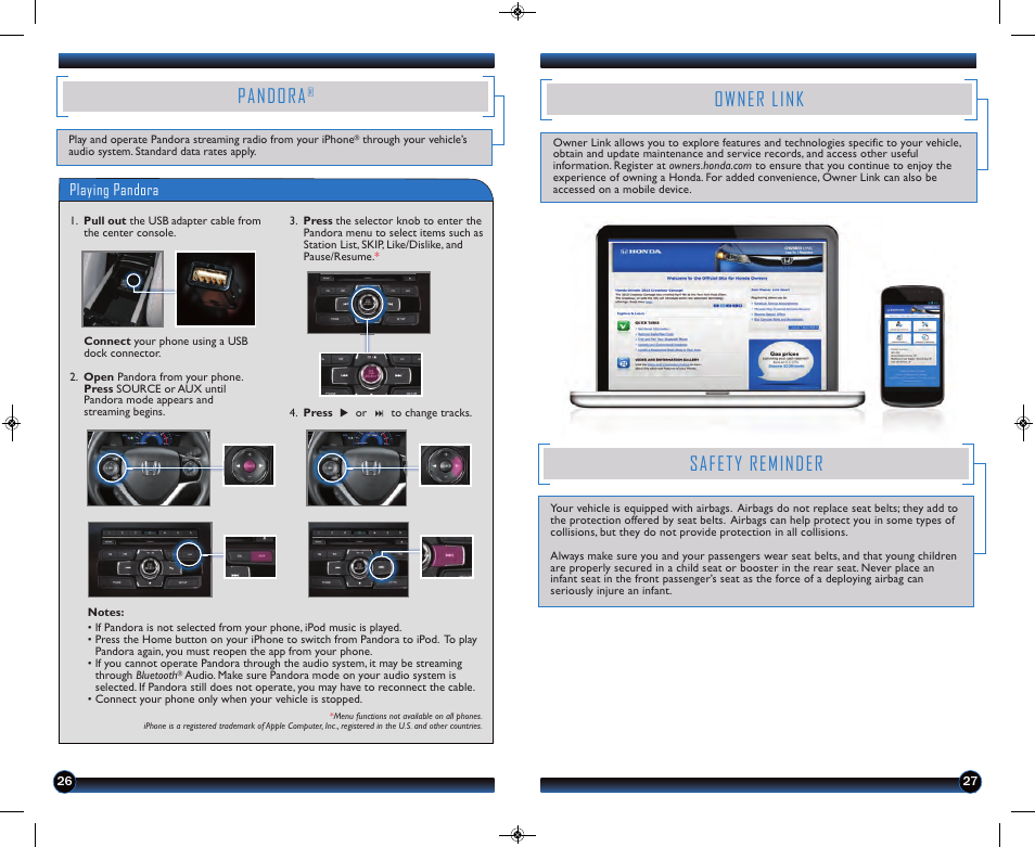 Pandora, Owner link, Safety reminder | Playing pandora | HONDA 2013 Civic Hybrid - Technology Reference Guide User Manual | Page 15 / 16