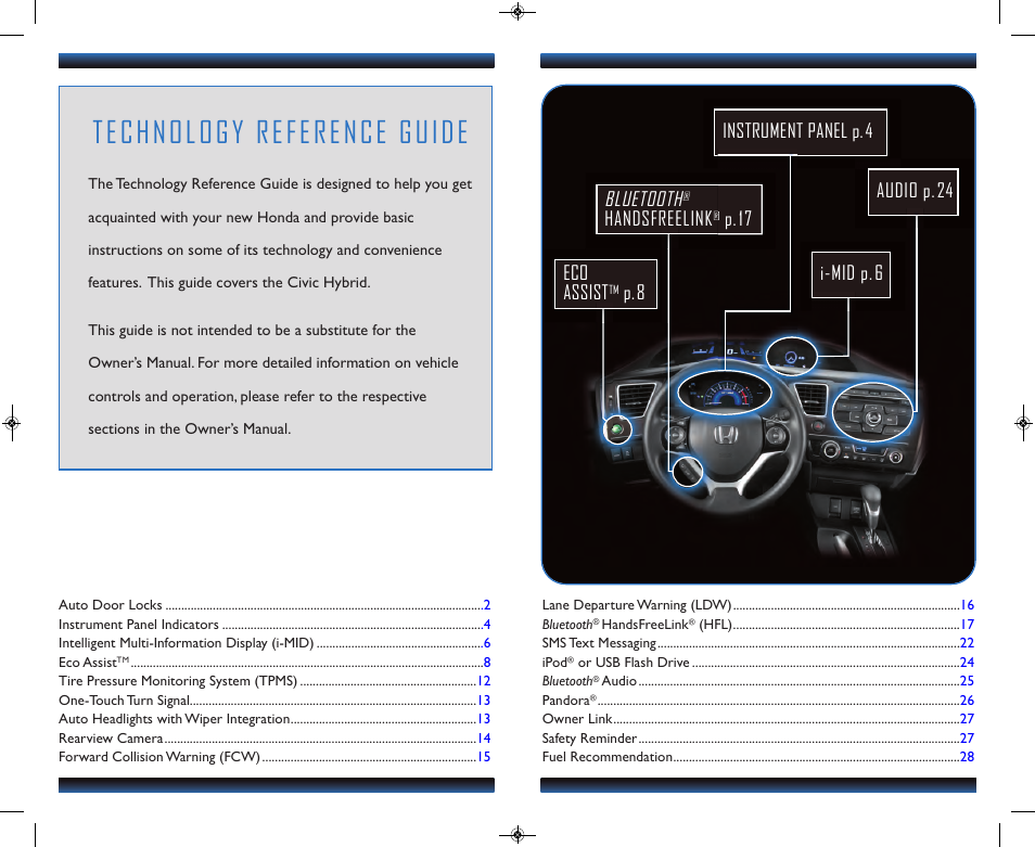 Technology reference guide, Eco assist, P.8 bluetooth | Handsfreelink, P.17 | HONDA 2013 Civic Hybrid - Technology Reference Guide User Manual | Page 2 / 16