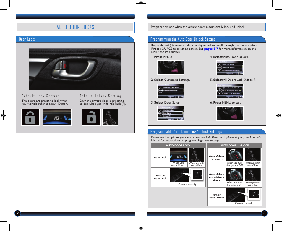 Auto door locks, Programming the auto door unlock setting, Door locks | Programmable auto door lock/unlock settings | HONDA 2013 Civic Hybrid - Technology Reference Guide User Manual | Page 3 / 16