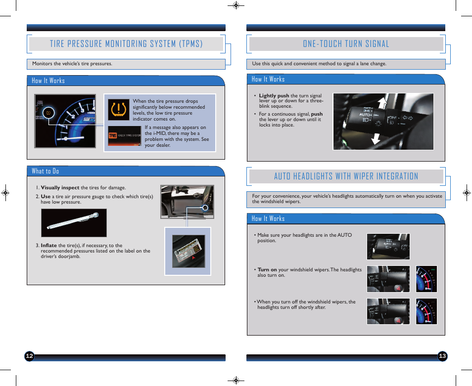 Tire pressure monitoring system (tpms), One-touch turn signal, Auto headlights with wiper integration | HONDA 2013 Civic Hybrid - Technology Reference Guide User Manual | Page 8 / 16