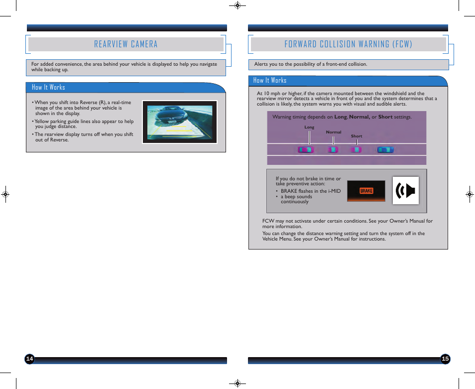 Rearview camera, Forward collision warning (fcw) | HONDA 2013 Civic Hybrid - Technology Reference Guide User Manual | Page 9 / 16