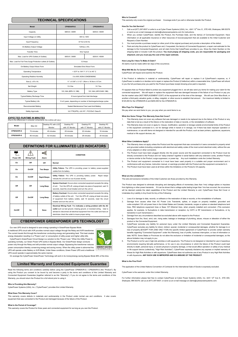 Technical specifications, Definitions for illuminated led indicators, Cyberpower greenpower ups technology | Limited warranty and connected equipment guarantee | CyberPower Systems CP685AVR-G User Manual | Page 2 / 2