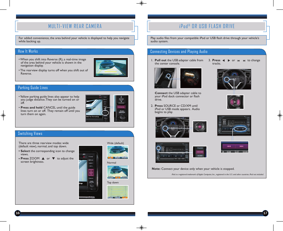 Multi-view rear camera, Ipod, Or usb flash drive | Parking guide lines how it works, Switching views playing pandora, Connecting devices and playing audio | HONDA 2013 Civic Hybrid (with Navigation) - Technology Reference Guide User Manual | Page 10 / 19