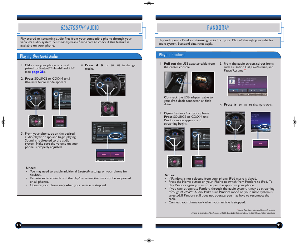 Bluetooth, Audio, Pandora | Playing bluetooth audio, Playing pandora | HONDA 2013 Civic Hybrid (with Navigation) - Technology Reference Guide User Manual | Page 11 / 19